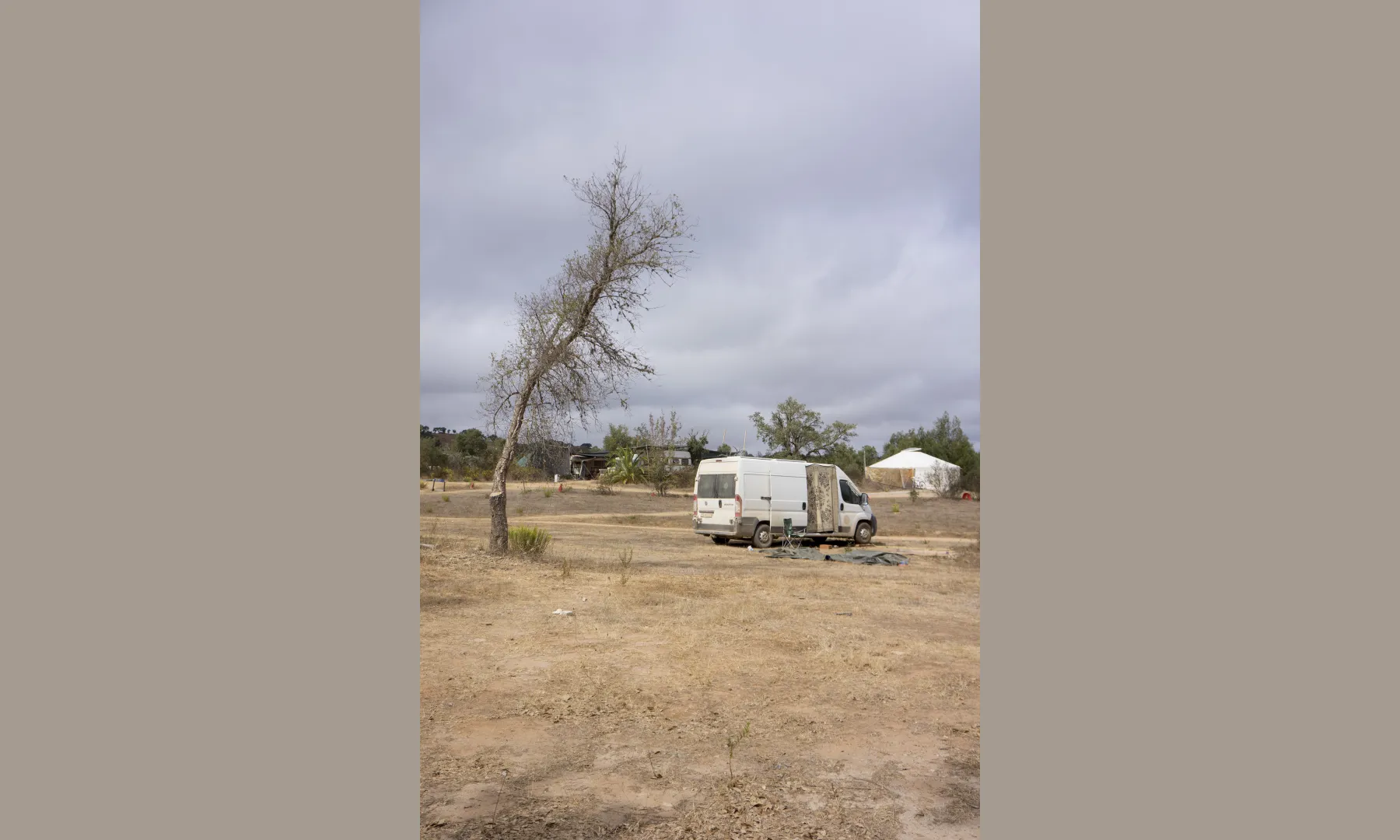A small transporter besides a tree at an ecovillage