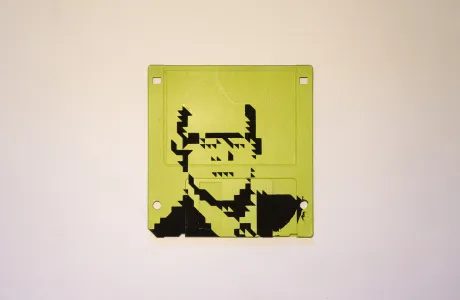Silkscren of Klaus on a 3.5" floppy disk. Contemporary artwork- light green version Silkscren of Klaus on a 3.5" floppy disk. Contemporary artwork- light green version